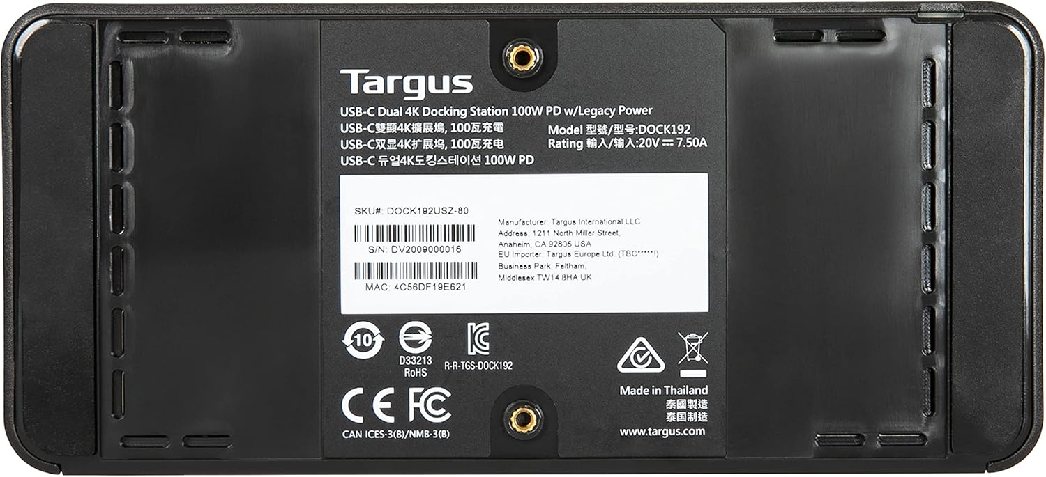 Targus USB C Docking Station Universal DV4K, USB C Laptop Docking Station Dual Monitor 2 HDMI, with Legacy Host Power Kit, Works w/Operating Systems Like Windows, Mac, Android, iOS (DOCK182USZ)