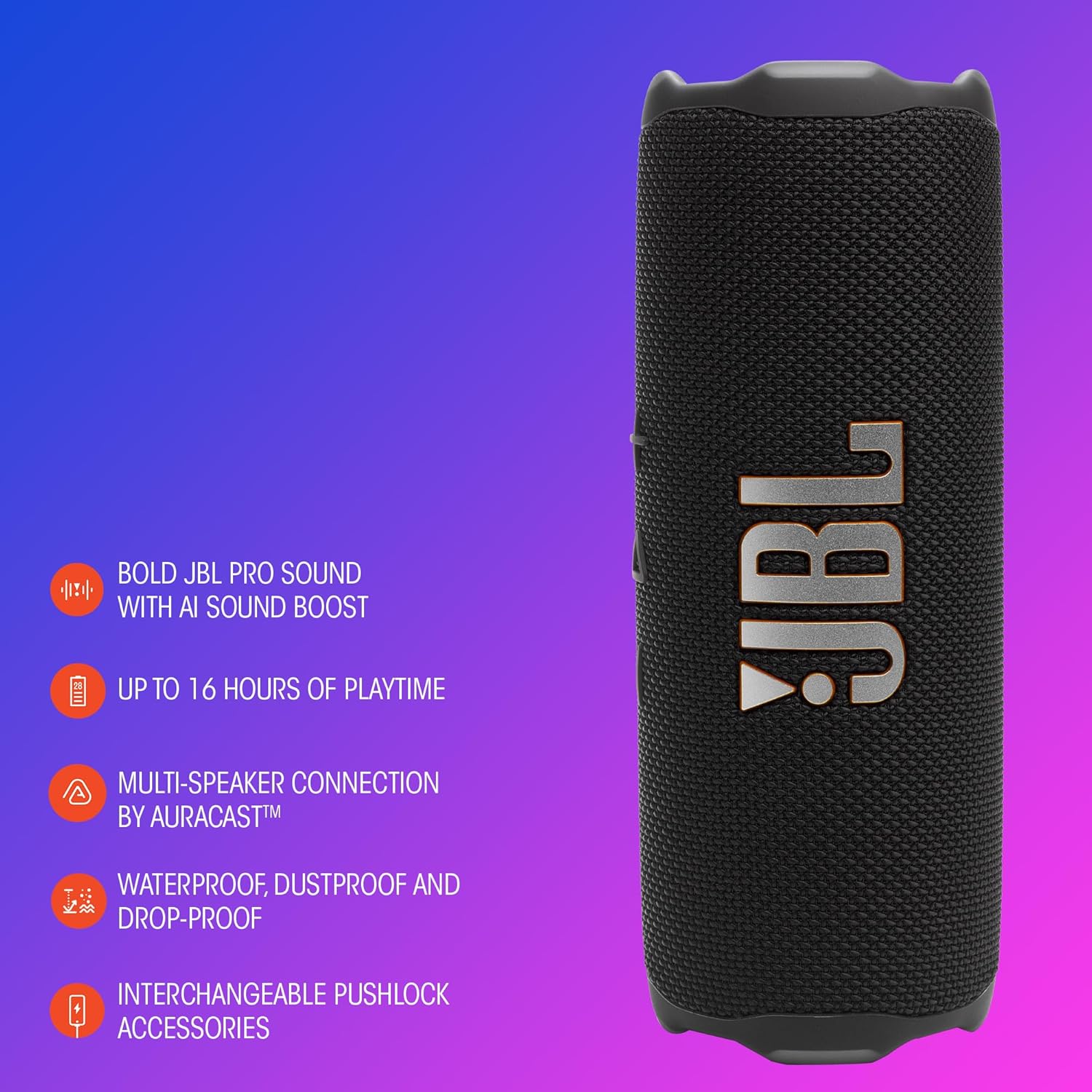 JBL Flip 7 - Portable Waterproof and Drop-Proof Speaker, Bold JBL Pro Sound with AI Boost, 16Hrs of Playtime, and PushLock System with Interchangeable Accessories (Blue)