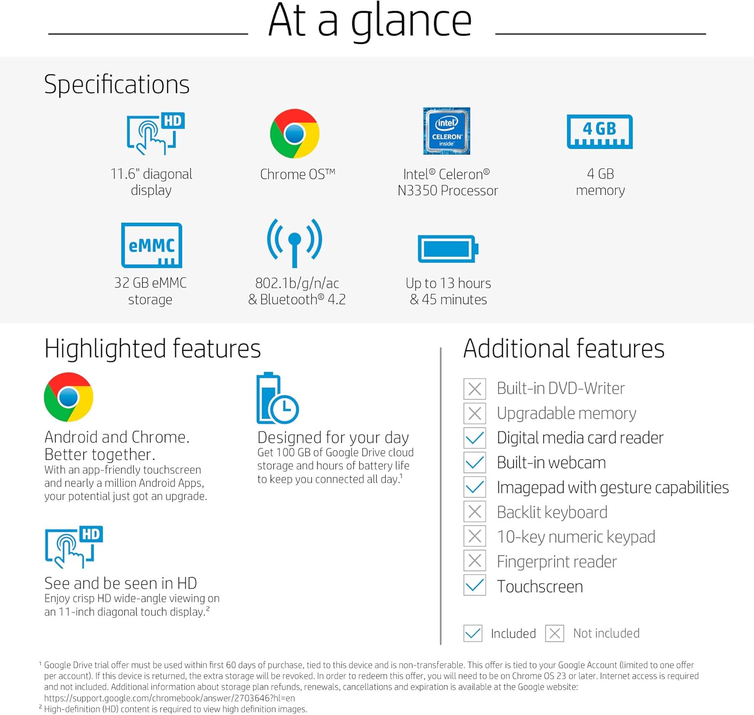 HP Chromebook x360 11-inch Laptop with 360-degree hinge, Intel Celeron N3350 Processor, 4 GB RAM, 32 GB eMMC storage, Chrome OS (11-ae110nr, Snow White)