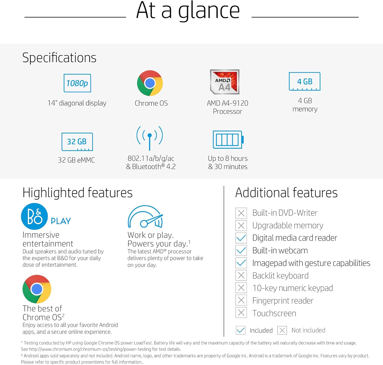HP Chromebook 14-inch Laptop with 180-Degree Hinge, Full HD Screen, AMD Dual-Core A4-9120 Processor, 4 GB SDRAM, 32 GB eMMC Storage, Chrome OS (14-db0050nr, Snow White)