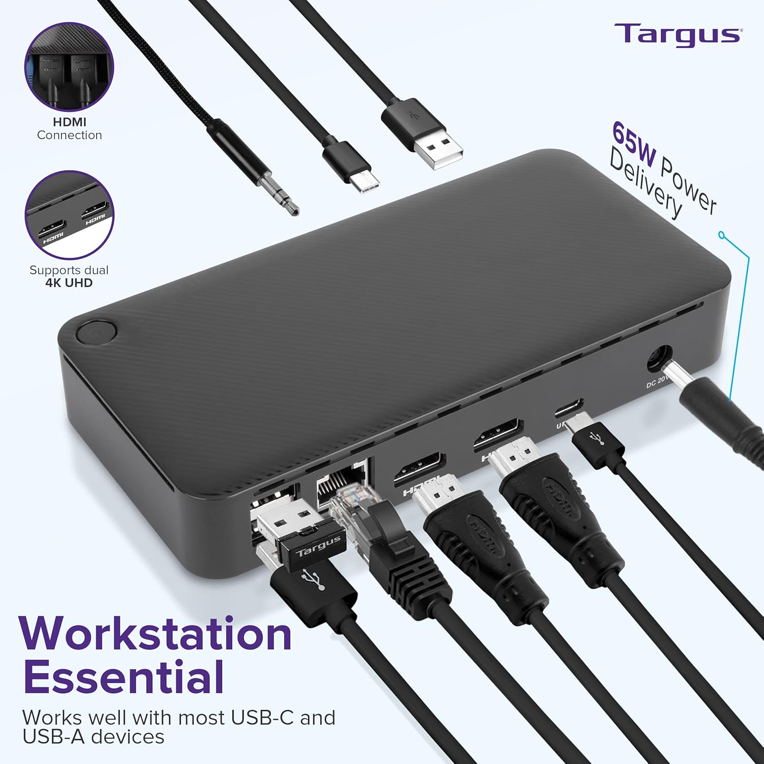 Targus USB C Docking Station Universal DV4K, USB C Laptop Docking Station Dual Monitor 2 HDMI